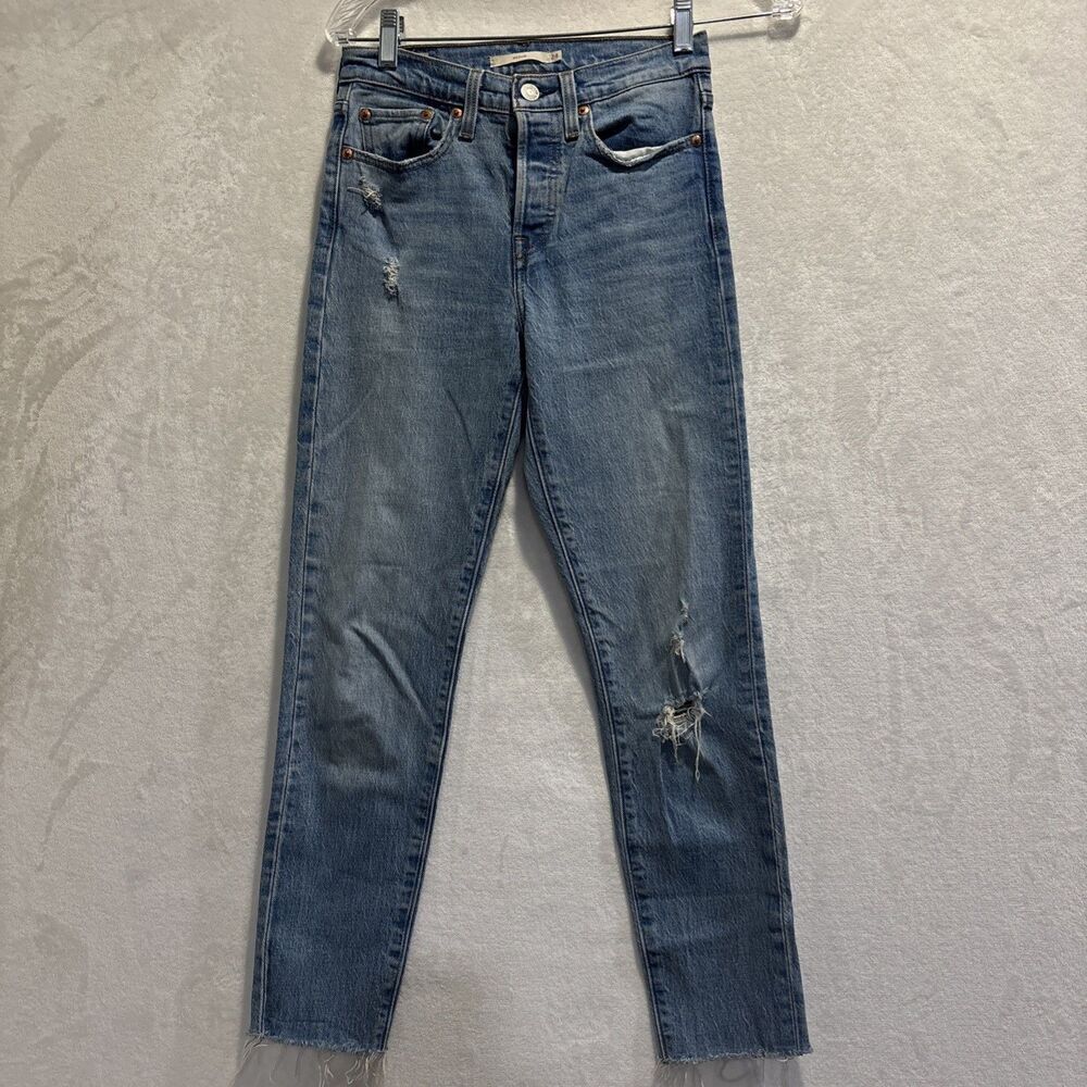 Levis Women's 24 Wedgie Straight Jeans Medium Wash Distressed Raw Hem Button Fly